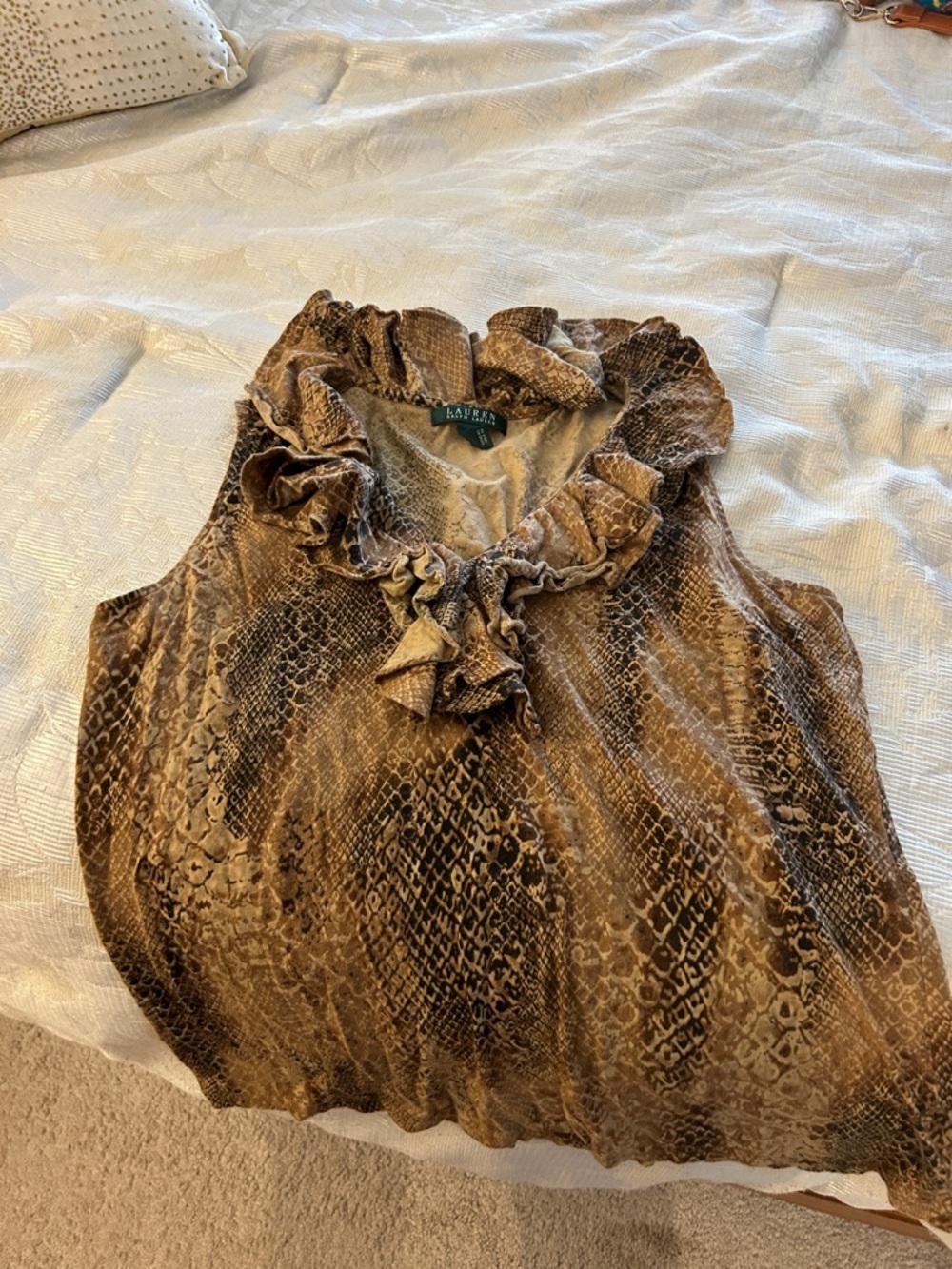 Ralph Lauren Brown Snake-Print Ruffled Sleeveless Top